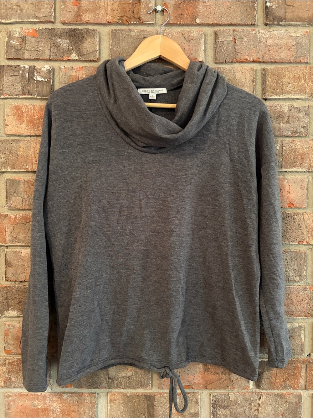 Green Envelope Charcoal Drawstring Cowl Neck Long Sleeve Top